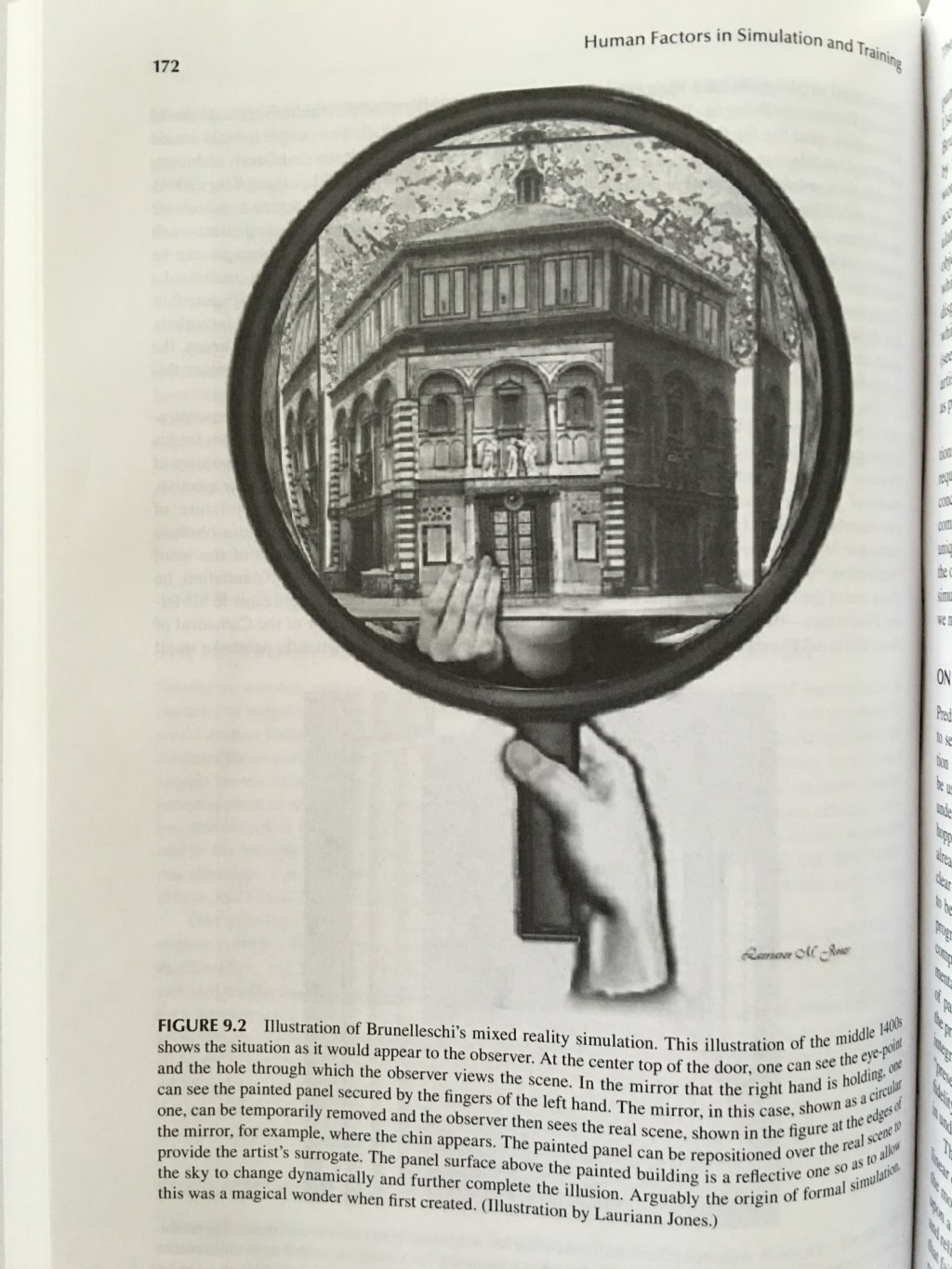 Illustration of Filippo Brunelleschi’s linear perspective experiment for “Human Factors in Simulation and Training” book.